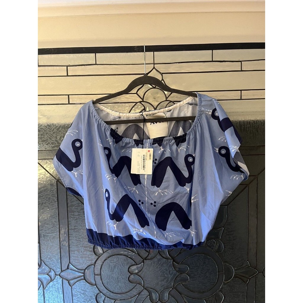 Avn Women's Short Blue Bird Blouse Size 44 Top, Elastic Tessuto Msrp $472
